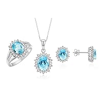 Rylos Sterling Silver Princess Diana Inspired Set: Ring, Earrings & Pendant with Chain. Gemstone & Diamonds, 9X7MM & 8X6MM Earrings Birthstone. Matching Jewelry Set. Sizes 5-10.