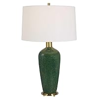 MY SWANKY HOME Classic Mottled Dark Green Gloss Ceramic Table Lamp 29 in Moss Antiqued Brass