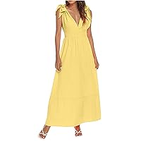 Women's Casual Dress Deep V Neck Tie Strap Sleeveless High Waist Plus Size Long Maxi Dress Summer Beach Party Sundress