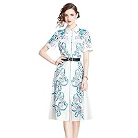 Summer Vintage Floral Print Collar Button Front Belt Short Sleeve Women Ladies Casual Party Vacation Midi Dresses