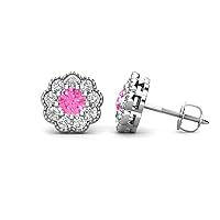 Round Pink Sapphire Natural Diamond 1 ctw Women Milgrain Halo Stud Earrings 10K Gold