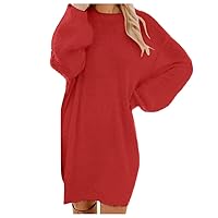Women's Sweater Dresses Knee Length Cream Dress Trendy Plus Size Long Sleeve Crewneck Pullover Sweater Dress