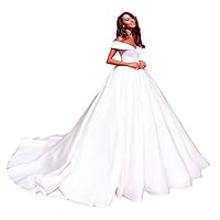 Women's Off Shoulder Satin Bridal Dress White Tailed V Neck Wedding Dress