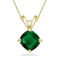 May Birthstone - Lab Created Cushion Cut Emerald Solitaire Pendant in 14K Yellow Gold Available in 7mm - 10mm
