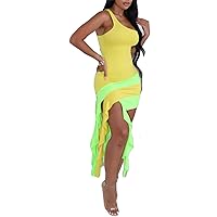 Womens Sexy Slant Shoulder Colorblock Tassel Ruffles Bodycon Party Clubwear Dress