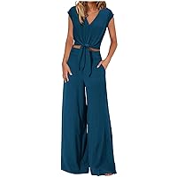 Summer Eleagnt Outfits Women Tie Twist 2 Piece Set Dressy Cap Sleeve V Neck Crop Tops and Wide Leg Pants Tracksuits