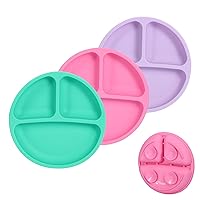 3pcs Toddler Plates with Suction, 100% Safe BPA Free Soft Toddler Plates Silicone Divided Plates, Portable Dinner Plates for Kids, Dishwasher, Microwave and Oven Safe