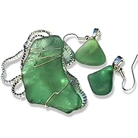 Genuine Winter Green Sea Glass Sterling Silver Earrings and Necklace Set