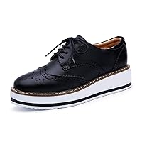 Women's Casual Platform Oxford Shoes Wingtip Vintage Lace Up Chunky Mid Heel Dress Wedge Oxfords