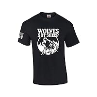 Men's Wolves Not Sheep Howling Wolf Head Patriotic American Flag Sleeve T-Shirt