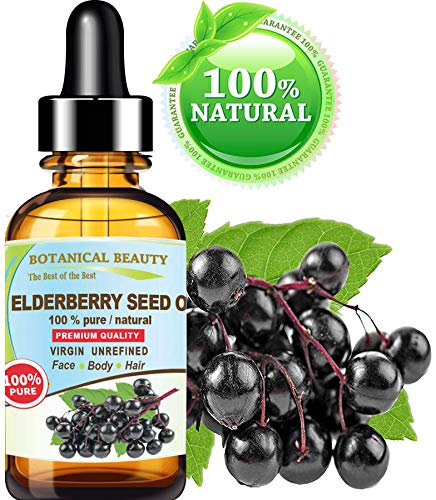 Belgian ELDERBERRY SEED OIL Sambucus Niagra 100 % Pure Natural Virgin Unrefined Cold Pressed Carrier Oil 1 Fl. Oz.- 30 ml for FACE, SKIN, DAMAGED HAIR, NAILS, Anti-Aging, rich in essential fatty acids, Omega 6, and Vitamin E by Botanical Beauty