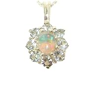 Ladies Solid 925 Sterling Silver Ring, Ornate Natural Fiery Opal and Aquamarine Cluster Pendant Necklace