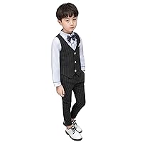 Boys Suit Vest Set 5-Piece Formal Suit Boy Long Sleeve Shirts Vest and Pants Outfits Set with Tie Bow