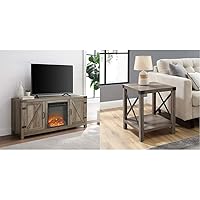 Walker Edison Georgetown Modern Farmhouse Double Barn Door Fireplace TV Stand for TVs up to 65 Inches, 58 Inch, Grey Wash & Sedalia Modern Farmhouse Metal X Side Table, 18 Inch, Grey Wash