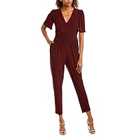 Women's Short Sleeve Ruched Cropped Jumpsuit, Wine, 6