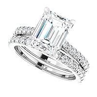 JEWELERYOCITY 2.25 CT Emerald Cut VVS1 Colorless Moissanite Engagement Ring Set, Wedding/Bridal Ring Set, Sterling Silver Vintage Antique Anniversary Promise Ring Set Gift for Her