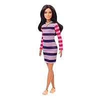 Barbie Fashionistas Doll #147 with Long Brunette Hair Wearing Striped Dress, Orange Shoes & Necklace, Toy for Kids 3 to 8 Years Old