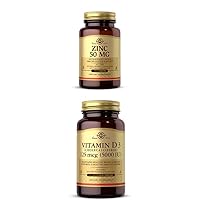 Solgar Zinc 50 mg, 100 Tablets - Zinc for Healthy Skin, Taste & Vision + Solgar Vitamin D3 (Cholecalciferol) 125 mcg (5,000 IU) Vegetable Capsules - 240 Count