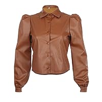 Autumn Leather Blouse, Women Long Sleeve Puff Blouse, Vintage Ladies Winter Casual Shirt Turn-Down Collar