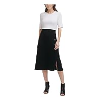 DKNY Womens Stretch Ribbed Slitted Button Elbow Sleeve Round Neck Midi Wear to Work Fit + Flare Dress