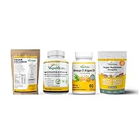 Complete Nutrition bundle - Mushroom Complex, High-Strength Vegan multivitamin, Collagen, Omega3 - Plant based formula for skin, hair, immunity & overall health for vegans & vegetarians