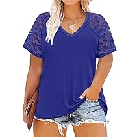 RITERA Plus Size Tops for Women Lace Short Sleeve Shirts Sexy V Neck Casual Tunic Shirt XL-5XL