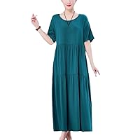 Women Loose Solid O-Neck Dress Vintage Short Sleeve Womens Clothing Causal Summer Dresses for