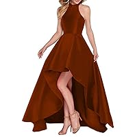 Women's High Neck Long Prom Dress Satin Backless Evening Party Dress Coffee