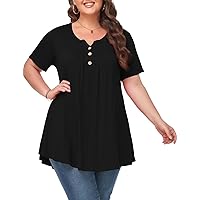 MONNURO Womens Plus Size Tops Short Sleeve Henley Shirts V Neck Button Up 2023 Casual Summer Blouses