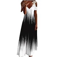 Maxi Dresses for Women Cold Shoulder Short Sleeve T Shirt Dress V Neck Boho Floral Print Long Beach Party Sundress