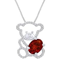 Round Cut Red Garnet & Diamond 925 Sterling Silver 14K Gold Over Diamond Cute Teddy Bear Pendant Necklace for Women's