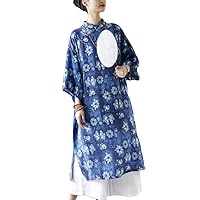 Linen Chinese Button Printed Knee Lenth Cheongsam Dress Women's Loose Qipao Batwing Sleeve Blue