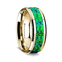 14K Yellow Gold Polished Beveled Edges Wedding Ring with Emerald Green and Sapphire Blue Opal Inlay