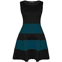 Oops Outlet Women's Sleeveless Colored Blocks Striped Panel Flared Skater Dress Plus Size (US 20/22) Black/Teal