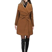 Women's Tie Front Wool Blend Lapel Long Sleeve Belt Trench Coats Outerwear Jacket with Shawl Collar
