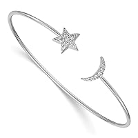 9mm 14k White Gold Diamond Celestial Moon and Star Flexible Cuff Stackable Bangle Bracelet Jewelry for Women