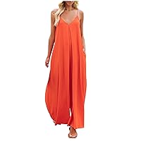 SMIDOW Womens Casual Sleeveless Strap Loose Adjustable Jumpsuits Sexy Pleated Stretchy Long Pants Romper With Pockets