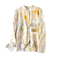 Silk Blouse Women Printed Patchwork Lace Turn-Down Neck Single-Breasted Long Sleeves Loose Shirts