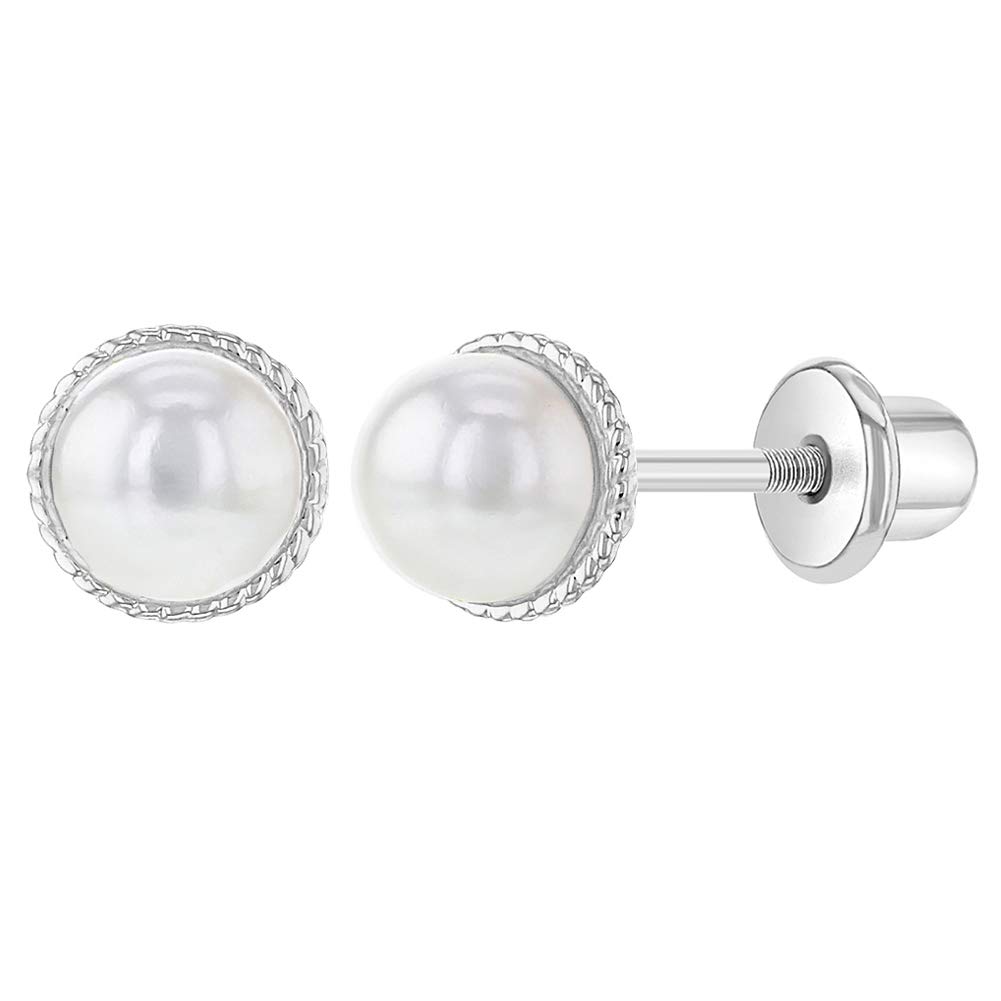 Rhodium Plated White Simulated Pearl Rope Bezel Set Screw Back Baby Earrings 4mm - Adorable and Classic White Simulated Pearl Earrings Fits for Infants, Toddlers, and Little Girls