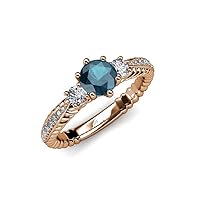London Blue Topaz and Diamond Three Stone Ring with Diamond on Side Bar 1.55 cttw 14K Rose Gold