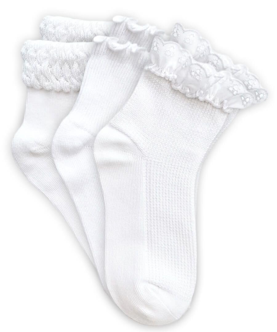 Jefferies Socks Girls' Seamless Eyelet Lace Ruffle Bubble Stitch Ankle Socks 3 Pair Pack