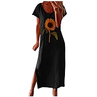 Women's Casual Dress Flower Printed Crewneck Short Sleeve Long Dress Side Split