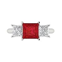 Clara Pucci 2.94ct Princess Cut 3 Stone Solitaire accent Simulated Red Ruby Designer Wedding Anniversary Bridal Ring 14k White Gold