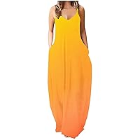 Boho Dress for Womens Casual Summer Sexy Spaghetti Strap Dress Beach Ombre Sundress Long Maxi Dress with Pockets Yellow