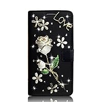 Crystal Wallet Phone Case Compatible with iPhone 14 - Rose - White&Black - 3D Handmade Sparkly Glitter Bling Leather Cover with Screen Protector & Beaded Phone Lanyard