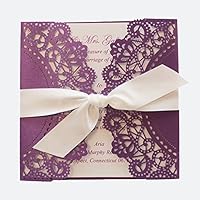 Purple Wedding Invitation Cards with White Ribbon Bow (50)