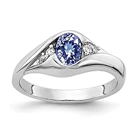 Solid 14k White Gold 6x4mm Oval Tanzanite Blue December Gemstone Diamond Engagement Ring (.058 cttw.)