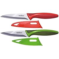 Classic Paring Knife Set with Sheath Cover - Precision Knife for Cutting, Slicing & Peeling - Small Culinary 3 ¼” Paring Knife & 3 ¾” Serrated Knife - Carbon Stainless Steel Blade - Red/Green