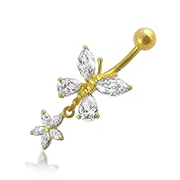 14K Solid Yellow Gold Jeweled Butterfly with Flower Dangling CZ Stone Belly Ring
