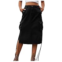 Ladies Cargo Skirt Y2k Vintage Ruched Drawstring Skirt Casual High Waist Jean Skirt Hippie Mid Flap Pocket Denim Skirts